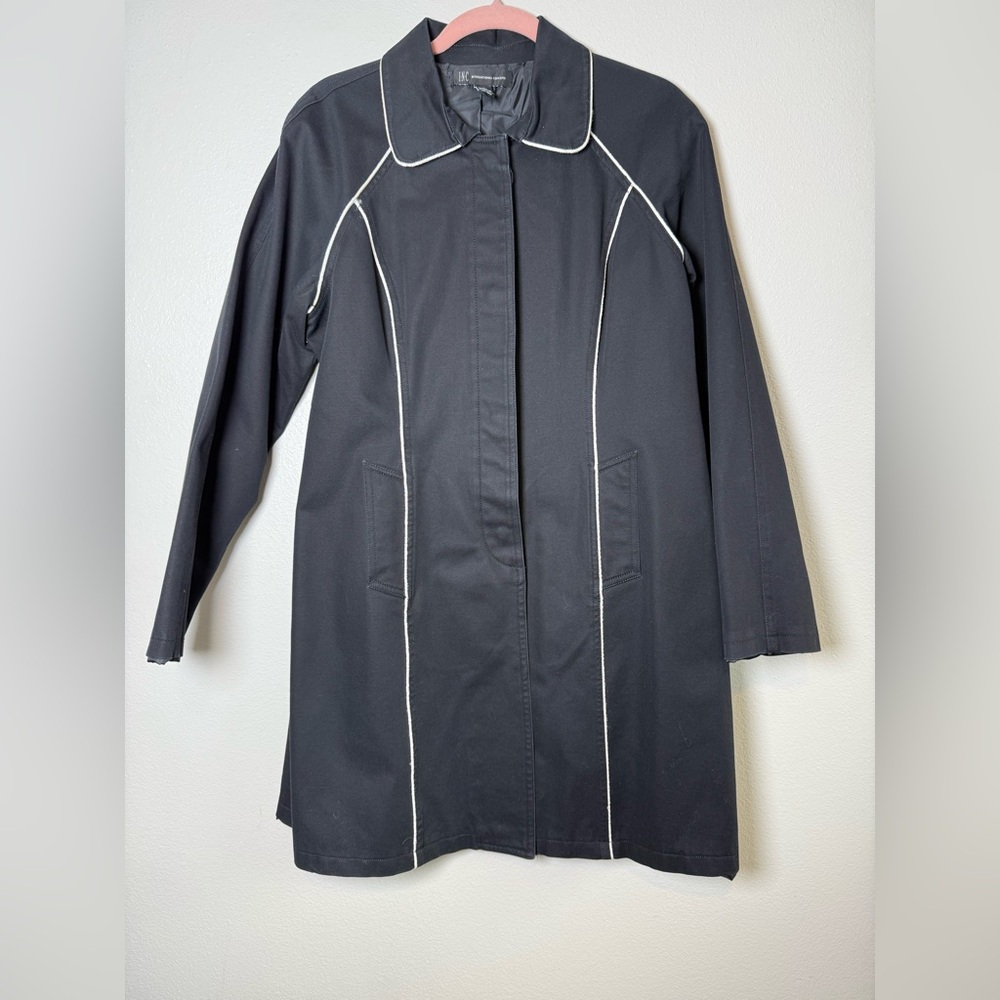INC International Concepts Black Trench Coat with White Piping
